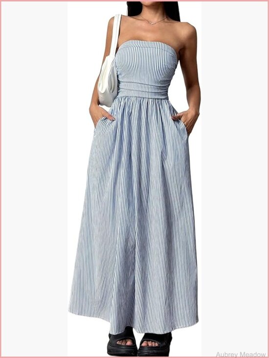 Dresses & Skirts - Strapless Tube Maxi Dress Striped Smocked Back A-Line with Pocket